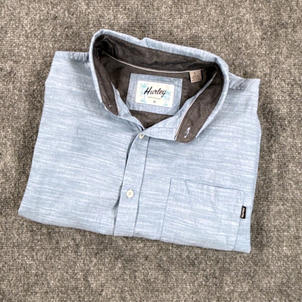 Hurley Slub Button Down Shirt Mens Large Light Blue Short Sleeve HMS22-03426